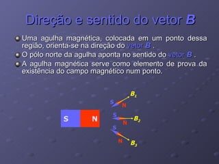 Direção e sentido do vetor  B Uma agulha magnética, colocada em um ponto dessa região, orienta-se na direção do  vetor  B  . O pólo norte da agulha aponta no sentido do  vetor  B  . A agulha magnética serve como elemento de prova da existência do campo magnético num ponto. N S N S N S N S B 1 B 2 B 3 