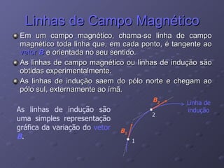 Linhas de Campo Magnético Em um campo magnético, chama-se linha de campo magnético toda linha que, em cada ponto, é tangente ao  vetor  B  e orientada no seu sentido. As linhas de campo magnético ou linhas de indução são obtidas experimentalmente. As linhas de indução saem do pólo norte e chegam ao pólo sul, externamente ao ímã. As linhas de indução são uma simples representação gráfica da variação do  vetor  B . Linha de indução 1 2 B 2 B 1 