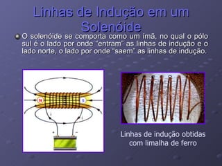 Linhas de Indução em um Solenóide O solenóide se comporta como um ímã, no qual o pólo sul é o lado por onde “entram” as linhas de indução e o lado norte, o lado por onde “saem” as linhas de indução. Linhas de indução obtidas com limalha de ferro 