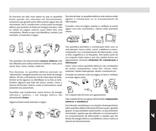 Se tivermos um olho mais atento no que os aparelhos             Nos dias de hoje, os aparelhos elétricos mais atrativos estão
fazem quando são colocados em funcionamento,                    ligados à comunicação ou ao armazenamento de
notaremos que grande parte deles produz algum tipo de           informações.
movimento, isto é, transformam a maior parte da energia
elétrica que recebem da fonte em energia mecânica. Veja         Consulte a lista da página anterior e verifique se existe
na tabela da página anterior quais deles têm essa               algum com esta característica. Outros estão ilustrados
característica. Dentre os que você identificou, existem, por    abaixo.
exemplo, os ilustrados a seguir:




                                                                Tais aparelhos permitem a comunicação entre uma ou
                                                                mais pessoas, como o rádio, a tevê, o telefone e o micro-
                                                                computador, ou o armazenamento de informações, como
                                                                as fitas magnéticas e os disquetes. Eles fazem parte de
                                                                um conjunto muito maior e, por isso, podem formar um
Tais aparelhos são denominados motores elétricos. Eles          agrupamento chamado elementos de comunicação e
são utilizados para realizar inúmeros trabalhos: moer, picar,   informação.
lustrar, furar, cortar, ventilar, medir etc.                    Estes, como outros aparelhos elétricos, são constituídos
                                                                de muitos componentes, como fios, chaves, ímãs,
Para funcionar, os aparelhos elétricos precisam ser             resistores, botões interruptores, diodos, transistores etc.
"alimentados" energeticamente por uma fonte de energia          Consulte novamente a lista da página ao lado e verifique
elétrica. No dia-a-dia fazemos uso de vários tipos de fonte;    se existe algum outro.
lembre-se de algumas ou identifique-as na lista ao lado.
Existem algumas que hoje são pouco usadas, como o
dínamo de bicicleta. Outras, como os alternadores, estão
presentes nos automóveis.

Aparelhos que transformam outras formas de energia
(mecânica, química,..) em energia elétrica são                  Em conjunto eles formam um agrupamento.
denominados fontes.
                                                                Esse conjunto forma um grupo denominado componentes
Algumas fontes estão ilustradas a seguir:                       elétricos e eletrônicos.
                                                                Encontrando semelhanças nas funções desempenhadas
                                                                pelos aparelhos elétricos foi possível formar quatro grandes
                                                                grupos: os que produzem aquecimento, os que produzem
                                                                movimento, aqueles que são utilizados na comunicação e




                                                                                                                                7
                                                                no armazenamento de informações e aqueles que são
                                                                fontes de energia elétrica e possibilitam colocar todos os
                                                                demais em funcionamento.
 