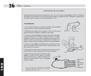 26   Pilhas e baterias
                                                        Construção de uma pilha*

                   Utilizando duas placas de cobre e duas de zinco (10 cm x 2 cm cada uma), papel higiênico (90 cm), um pedaço
                   de esponja de aço (bombril) e cerca de 30 ml de ácido acético (ou sulfeto de cobre a 100 g/litro), construiremos
                   uma pilha capaz de acender um led (ou lâmpada de 1,2 V).



                    Procedimentos:

                   1. Com o bombril, limpe uma das placas de cobre (cor avermelhada)
                   e outra de zinco (cor cinza), até ficarem brilhantes.

                   2. Utilizando dois pedaços de fio cabinho (no 20) e um led, faça as
                   ligações indicadas nas figuras e verifique se ele acende

                   3. Corte 30 cm de papel higiênico e dobre-o de tal forma que fique
                   aproximadamente com o mesmo tamanho das placas. A seguir,
                   mergulhe-o no frasco que contém a solução de ácido acético (ou
                   sulfato de cobre) para que fique completamente embebido pela
                   solução. Aperte um pouco o papel para retirar o excesso de líquido.

                   4. Coloque o papel higiênico embebido entre as placas que foram
                   limpas e comprima bem as placas contra o papel. Observe o led
                   para verificar se ele acende.

                   5. Desmonte essa pilha e limpe muito bem tanto essas duas placas
                   como também as outras duas que ainda não foram utilizadas.

                   6. Separe em 2 pedaços iguais o restante do papel
                   higiênico e dobre cada um deles no tamanho
                   aproximado das placas. A seguir mergulhe-os na
                   solução de ácido acético e faça a montagem
                   indicada na figura.
102




                      Esta construção é uma adaptação da montagem
                      proposta na publicação do CECISP, Eletricidade e
                      Magnetismo, São Paulo, 1981
 