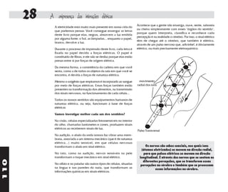 28   A onipresença das interações elétricas
                                                                            Acontece que a gente não enxerga, ouve, sente, saboreia
             A eletricidade está muito mais presente em nossa vida do
                                                                            ou cheira simplesmente com esses "órgãos do sentido",
             que podemos pensar. Você consegue enxergar as letras
                                                                            porque quem interpreta, classifica e reconhece cada
             deste livro porque elas, negras, absorvem a luz emitida
                                                                            percepção é na realidade o cérebro. Por isso, o sinal elétrico
             por alguma fonte: o Sol, as lâmpadas... enquanto o papel,
                                                                            têm de chegar até o cérebro, que também é elétrico,
             branco, devolve a luz.
                                                                            através de um pulso nervoso que, adivinhe!, é óbviamente
             Durante o processo de impressão deste livro, cada letra é      elétrico, ou mais precisamente eletroquímico.
             fixada no papel devido a forças elétricas. O papel é
             constituído de fibras, e ele não se desfaz porque elas estão

                                                                                                                   ↓




                                                                                                                       → ↑
             presas entre si por forças de origem elétrica.

             Da mesma forma, a consistência da cadeira em que você
             senta, como a de todos os objetos da sala em que você se                                              ↑




                                                                                                           ↑
             encontra, é devida a forças de natureza elétrica.                                                 ↑




                                                                                                       →
                                                                                                                ↑
             Mesmo o oxigênio que respiramos é incorporado ao sangue          movimento                        ←
             por meio de forças elétricas. Essas forças também estão        radial dos íons
                                                                                                   ←       ↑
                                                                                                               ↓
             presentes na transformação dos alimentos, na transmissão
             dos sinais nervosos, no funcionamento de cada célula...                                   ↑
             Todos os nossos sentidos são equipamentos humanos de
                                                                                        ↓          ↑
             natureza elétrica, ou seja, funcionam à base de forças
             elétricas                                                                 → ←
                                                                                        ↑
                                                                                               ↑
             Vamos investigar melhor cada um dos sentidos?                                 ↑
             Na visão, células especializadas fotossensíveis no interior               ↑
             do olho, chamadas bastonetes e cones, produzem sinais
             elétricos ao receberem sinais de luz.
                                                                            Pulso Transversal
             Na audição, o abalo da onda sonora faz vibrar uma mem-
             brana, associada a um sistema mecânico (que é de natureza
             elétrica...) muito sensível, em que células nervosas
             transformam o abalo em sinal elétrico.                                Os nervos são cabos coaxiais, nos quais íons
                                                                                (átomos eletrizados) se movem na direção radial,
             No tato, como na audição, nervos sensíveis na pele                   para que pulsos elétricos se movam na direção
             transformam o toque mecânico em sinal elétrico.                  longitudinal. É através dos nervos que se sentem as
110




                                                                                 diferentes percepções, que se transferem essas
             No olfato e no paladar são outros tipos de células, situadas      percepções ao cérebro e também que se processam
             na língua e nas paredes do nariz, que transformam as                        essas informações no cérebro.
             informações químicas em sinais elétricos.
 