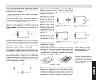 - essa "nova" corrente elétrica se estabelece na antena da      Ligando-se o capacitor carregado a uma bobina (fig. a),
estação transmissora e através do espaço a informação se        surge uma corrente elétrica variável no circuito. Essa
propaga em todas as direções;                                   corrente, cria um campo magnético ao redor do fio, que é
                                                                também variável (fig. b).
- a antena do aparelho de rádio colocada nesse espaço
captará essa informação;                                        De acordo com a lei de
                                                                Faraday, a variação desse
- se o aparelho estiver ligado e sintonizado na freqüência
                                                                campo fará induzir no
da corrente produzida pela estação, o som poderá ser
                                                                circuito, e sobretudo na
ouvido ao ser reproduzido no alto-falante.
                                                                bobina, um campo
Tanto para enviar o som até os aparelhos como para              elétrico. Esse campo
sintonizar a estação é necessário um circuito chamado de        agirá de forma a tornar
circuito oscilante, constituído de uma bobina e de um           mais lento o processo de
capacitor.                                                      descarga do capacitor,
                                                                conforme prevê a lei de
                                                                Lenz (fig. c).

                                                                Posterior mente, ele
                                                                servirá para recarregar as
                                                                placas do capacitor (fig. d)
A bobina é um fio condutor enrolado em forma de espiral,
e o capacitor é constituído de duas placas condutoras,          Desse processo de carga
separadas por um material isolante e representado no            e descarga do capacitor
circuito pelo símbolo __ __ . Os dois traços verticais
                           ||                                   resulta uma corrente
representam as placas separadas pelo isolante.                  elétrica do tipo alternada. A freqüência dessa corrente        Tais "capacidades" dependem
                                                                dependerá da "capacidade" do capacitor de acumular cargas      fundamentalmente de suas
 A   CORRENTE ALTERNADA NO CIRCUITO OSCILANTE                   e também da "capacidade" de indução da bobina.                 dimensões geométricas.
                                                                Alterando-se tais "capacidades", podemos obter correntes
Para carregar as placas do capacitor, basta ligá-lo aos         alternadas de qualquer freqüência.
terminais de uma bateria. Isso provocará um movimento
                                                                                                                               A área de eletrização utilizada
de cargas tal que as placas ficarão eletrizadas positivamente
                                                                                                                               corresponde à parte comum
e negativamente. Nessa situação dizemos que o capacitor
                                                                                                                               nas duas placas, indicada com
estará completamente carregado.
                                                                                                                               a cor cinza-escura nas duas
                                                                                                                               posições da figura.
                                                                                    capacitor variável




                                                                                                                                                                 127
                                                                É justamente isso que fazemos quando mexemos no botão
                                                                de sintonia do aprelho para localizar uma estação de rádio.
                                                                Para ajustar a freqüência do circuito oscilante do rádio com
                                                                a da estação que desejamos sintonizar, alteramos a área de
                                                                eletrização do capacitor, ao girarmos o respectivo botão.
 