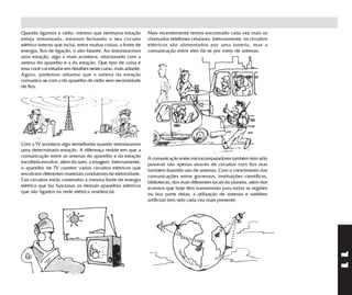 Quando ligamos o rádio, mesmo que nenhuma estação              Mais recentemente temos encontrado cada vez mais os
esteja sintonizada, estamos fechando o seu circuito            chamados telefones celulares. Internamente, os circuitos
elétrico interno que inclui, entre muitas coisas, a fonte de   elétricos são alimentados por uma bateria, mas a
energia, fios de ligação, o alto-falante. Ao sintonizarmos     comunicação entre eles dá-se por meio de antenas.
uma estação, algo a mais acontece, relacionado com a
antena do aparelho e a da estação. Que tipo de coisa é
essa você vai estudar em detalhes neste curso, mais adiante.
Agora, podemos adiantar que a antena da estação
comunica-se com a do aparelho de rádio sem necessidade
de fios.




Com a TV acontece algo semelhante quando sintonizamos
uma determinada estação. A diferença reside em que a
comunicação entre as antenas do aparelho e da estação          A comunicação entre microcomputadores também tem sido
escolhida envolve, além do som, a imagem. Internamente,        possível não apenas através de circuitos com fios mas
o aparelho de TV contém vários circuitos elétricos que         também fazendo uso de antenas. Com o crescimento das
envolvem diferentes materiais condutores de eletricidade.      comunicações entre governos, instituições científicas,
Tais circuitos estão conetados à mesma fonte de energia        bibliotecas, dos mais diferentes locais do planeta, além dos
elétrica que faz funcionar os demais aparelhos elétricos       eventos que hoje têm transmissão para todas as regiões
que são ligados na rede elétrica residencial.                  ou boa parte delas, a utilização de antenas e satélites
                                                               artificiais tem sido cada vez mais presente.




                                                                                                                              11
 