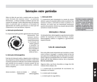 Interações entre partículas
Além da idéia de que toda a matéria pode ser descrita          c. interação forte
como formada das mesmas coisas - as partículas                 É a responsável pela manutenção ou coesão do núcleo           Os físicos também admitiram
elementares - os físicos também acreditam que elas são         atômico, apesar da repulsão elétrica entre os prótons. Sua    uma outra interação, que
capazes de interagir. É pelos diferentes tipos de interação    natureza é atrativa, exercendo-se entre os prótons e os       recebeu o nome de interação
entre as partículas que se explicam as formações de                                                                          fraca, responsável pela
                                                               nêutrons, de modo que sua intensidade predomina
aglomerados de matéria que formam as coisas que nós                                                                          emissão de partículas beta.
                                                               quando está presente, embora sua atuação seja percebida       Hoje eles consideram que essa
conhecemos e com que lidamos. Vejamos:                         somente no núcleo do átomo.                                   interação está relacionada com
                                                                                                                             a eletromagnética.
a. interação gravitacional
                                                                             interações e forças
É a responsável pelos grandes aglomerados de partículas
                                   elementares. Tem            As interações forte, eletromagnética e gravitacional também
                                    natureza atrativa,         podem ser expressas em termos de forças: nuclear,
                                    desempenhando              eletromagnética (elétrica e magnética) e gravitacional,
                                    papel fundamental          respectivamente.
                                     na for mação de
                                       estrelas, galáxias
                                       e planetas, na
                                      permanência de                         Leis de conservação
                                      nossa atmosfera e
                                      dos satélites em
                                      órbita da Terra...       Uma outra idéia muito importante que caracteriza o modo
                                                               como os físicos "enxergam" a natureza reside no fato de
b. interação eletromagnética
                                                               que apesar das modificações que são observadas no mundo
                                                               natural, algumas quantidades físicas se mantêm constantes,
Este tipo de interação explica a ligação entre os elétrons e
                                                               desde que não haja influência externa: são as chamadas
seus respectivos núcleos atômicos e também a união entre
                                                               leis da conservação.
os átomos para formar moléculas. Ela é também responsável
pela emissão de luz quando os átomos passam de um
                                                               Algumas delas, que foram discutidas ao longo dos três
estado excitado para o estado fundamental, conforme
                                                               volumes desta coleção, são:
ilustra o esquema:




                                                                                                                                                              155
                                                               a. a conservação da quantidade de movimento (na
                                                               translação e na rotação);
átomo excitado = átomo no estado        +       radiação
                  fundamental               eletromagnética    b. a conservação da energia;

                                                               c. a conservação da carga elétrica.
 