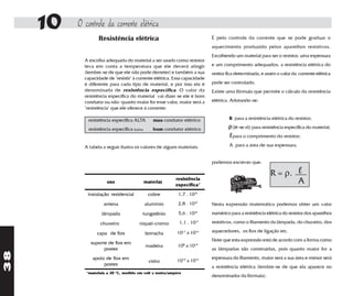 10   O controle da corrente elétrica
                   Resistência elétrica                                     É pelo controle da corrente que se pode graduar o
                                                                            aquecimento produzido pelos aparelhos resistivos.
                                                                            Escolhendo um material para ser o resistor, uma espessura
            A escolha adequada do material a ser usado como resistor
            leva em conta a temperatura que ele deverá atingir              e um comprimento adequados, a resistência elétrica do
            (lembre-se de que ele não pode derreter) e também a sua         resitor fica determinada, e assim o valor da corrente elétrica
            capacidade de "resistir" à corrente elétrica. Essa capacidade
            é diferente para cada tipo de material, e por isso ela é        pode ser controlado.
            denominada de resistência específica. O valor da                Existe uma fórmula que permite o cálculo da resistência
            resistência específica do material vai dizer se ele é bom
            condutor ou não: quanto maior for esse valor, maior será a      elétrica. Adotando-se:
            "resistência" que ele oferece à corrente:

             resistência específica ALTA         mau condutor elétrico               R para a resistência elétrica do resistor;

              resistência específica baixa       bom condutor elétrico              ρ (lê-se rô) para resistência específica do material;
                                                                                     l para o comprimento do resistor;
            A tabela a seguir ilustra os valores de alguns materiais:                A para a área de sua espessura;


                                                                            podemos escrever que:

                                                                                                          R = ρ.         l
                                                            resistência
                       uso                   materiais
                                                    l
                                                            específica*
                                                                                                                         A
             instalação residencial           cobre          1,7 . 10-8
                      antena                 alumínio        2,8 . 10-8     Nesta expressão matemática podemos obter um valor
                     lâmpada              tungstênio         5,6 . 10-8     numérico para a resistência elétrica do resistor dos aparelhos

                    chuveiros           níquel-cromo          1,1 . 10-6    resistivos, como o filamento da lâmpada, do chuveiro, dos

                  capas de fios              borracha       1013 a 1016     aquecedores, os fios de ligação etc.
                                                                            Note que esta expressão está de acordo com a forma como
               suporte de fios em
                                             madeira         108 a 1014
                     postes                                                 as lâmpadas são construídas, pois quanto maior for a
38




                apoio de fios em                                            espessura do filamento, maior será a sua área e menor será
                                               vidro        1010 a 1014
                     postes
                                                                            a resistência elétrica (lembre-se de que ela aparece no
             *materiais a 20 o C, medido em volt x metro/ampère
                                                                            denominador da fórmula).
 