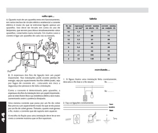 saiba que...
     1. Quando mais de um aparelho entra em funcionamento,                                          tabela
     em certos trechos de circuito elétrico residencial a corrente
     elétrica é maior do que se estivesse ligado apenas um                fio em    espessura corrente máxima     corrente máxima
     aparelho. Isso deve ser levado em conta no uso de                     AWG       em mm2    em aberto (A)      em conduite (A)
     benjamins, que servem para deixar simultaneamente vários                                                              ´
                                                                            16         1,5           15                  11
     aparelhos conectados numa tomada. Em muitos casos o
     correto é ligar um aparelho de cada vez na tomada.                     14         2,1           20                  15

                                                                            12         3,3           25                  20

                                                                            10         5,3           40                  30

                                                                             8         8,4           55                  40

                                                                             6         13            80                  55

                                                                             4         21            105                 70

                                                                             2         34            140                 95




                                                                                                            exercitando....

       2. A espessura dos fios de ligação tem um papel
       importante. Nas instalações pode ocorrer perdas de
                                                                        1. A figura ilustra uma instalação feita corretamente,
       energia, seja por aquecimento dos fios (efeito joule), seja
                                                                        descubra o fio fase e o fio neutro.       fio .........
       por fugas de corrente etc., colocando em risco a
       segurança das pessoas e de toda a instalação.

       Como a corrente é determinada pelo aparelho, a                                                                fio ..........
       espessura dos fios da instalação tem um papel importante,
       pois se estes forem finos sua resistência elétrica será maior,
       aumentando assim a potência dissipada.

       Uma mesma corrente que passa por um fio de cobre                 2. Faça as ligações corretamente.
                                                                                                                            fase
       fino provoca um aquecimento maior do que se ela passar
                                                                                                                           neutro
       por um fio de cobre grosso. Portanto, quanto mais grosso
       o fio, maior a corrente que ele suporta sem aquecer.                                                                    fase
44




       A escolha da fiação para uma instalação deve levar em
       conta a corrente máxima que os fios suportam.
 