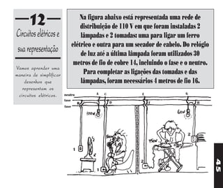 12                           Na figura abaixo está representada uma rede de
                                    distribuição de 110 V em que foram instaladas 2
Circuitos elétricos e               lâmpadas e 2 tomadas: uma para ligar um ferro
                                elétrico e outra para um secador de cabelo. Do relógio
sua representação                   de luz até a última lâmpada foram utilizados 30
                                 metros de fio de cobre 14, incluindo o fase e o neutro.
Vamos aprender uma
maneira de simplificar               Para completar as ligações das tomadas e das
    desenhos que                    lâmpadas, foram necessários 4 metros de fio 16.
   representam os
                                          A   C             E                 G
 circuitos elétricos.    neutro
                         fase
                                    B             D             F                  H
                         fase




                                                                               2


                                1




                                                                                           45
                                                            2
                                          1
 