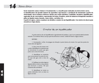 14   Motores elétricos
                Neste momento vamos retomar o levantamento e a classificação realizados no início deste curso.
                Lá identificamos um grande número de aparelhos cuja função é a produção de movimento a partir da
                eletricidade: são os motores elétricos. Dentre eles estão: batedeira, ventilador, furadeira, liquidificador,
                aspirador de pó, enceradeira, espremedor de frutas, lixadeira, além de inúmeros brinquedos movidos a
                pilha ou ligados numa tomada, como robôs, carrinhos etc.
                A partir de agora, vamos examinar em detalhes o motor de um liquidificador. Um roteiro de observação
                encontra-se logo abaixo.




                                                 O motor de um liquidificador

                             A parte externa de um liquidificador é geralmente de plástico, que é um material eletricamente
                      isolante. É no interior dessa carcaça que encontramos o motor, conforme ilustra a figura abaixo.

                              ROTEIRO

                            1. Acompanhe os fios do plugue em direção à parte interna do motor. Em qual das partes do
                      motor eles são ligados?

                             2. Gire o eixo do motor com
                      a mão e identifique os materiais que
                      se encontram na parte que gira
                      junto com o eixo do motor.

                             3. Identifique os materiais
                      que se encontram na parte do mo-
                      tor que não gira com o eixo do
                      motor.

                             4. Verifique se existe alguma
                      ligação elétrica entre as duas partes
                      que formam o motor. De que
                      materiais eles são feitos?

                             5. Identifique no motor as
54




                      partes indicadas com as setas na
                      figura ao lado.
 