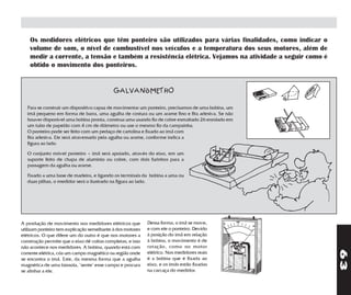 Os medidores elétricos que têm ponteiro são utilizados para várias finalidades, como indicar o
    volume de som, o nível de combustível nos veículos e a temperatura dos seus motores, além de
    medir a corrente, a tensão e também a resistência elétrica. Vejamos na atividade a seguir como é
    obtido o movimento dos ponteiros.


                                            GALVANôMETRO

   Para se construir um dispositivo capaz de movimentar um ponteiro, precisamos de uma bobina, um
   ímã pequeno em forma de barra, uma agulha de costura ou um arame fino e fita adesiva. Se não
   houver disponível uma bobina pronta, construa uma usando fio de cobre esmaltado 26 enrolado em
   um tubo de papelão com 4 cm de diâmetro ou use o mesmo fio da campainha.
   O ponteiro pode ser feito com um pedaço de cartolina e fixado ao ímã com
   fita adesiva. Ele será atravessado pela agulha ou arame, conforme indica a
   figura ao lado.

   O conjunto móvel ponteiro + ímã será apoiado, através do eixo, em um
   suporte feito de chapa de alumínio ou cobre, com dois furinhos para a
   passagem da agulha ou arame.

   Fixado a uma base de madeira, e ligando os terminais da bobina a uma ou
   duas pilhas, o medidor será o ilustrado na figura ao lado.




A produção de movimento nos medidores elétricos que         Dessa forma, o ímã se move,
utilizam ponteiro tem explicação semelhante à dos motores   e com ele o ponteiro. Devido
elétricos. O que difere um do outro é que nos motores a     à posição do ímã em relação
construção permite que o eixo dê voltas completas, e isso   à bobina, o movimento é de
não acontece nos medidores. A bobina, quando está com       rotação, como no motor




                                                                                                       63
corrente elétrica, cria um campo magnético na região onde   elétrico. Nos medidores reais
se encontra o ímã. Este, da mesma forma que a agulha        é a bobina que é fixada ao
magnética de uma bússola, "sente" esse campo e procura      eixo, e os ímãs estão fixadas
se alinhar a ele.                                           na carcaça do medidor.
 