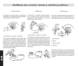 Medidores de corrente, tensão e resistência elétrica

                      Amperímetro                                          Voltímetro                                              Ohmímetro

     O medidor de corrente elétrica, denominado           O voltímetro é o medidor de tensão elétrica.         Para medir a resistência elétrica de um resistor, o
     amperímetro, é constituído por um galvanômetro       Ele é constituído das mesmas partes do               ohmímetro precisa de um galvanômetro, um
     e um resistor em paralelo à bobina.                  amperímetro: um galvanômetro e um resistor           resistor ligado em série com a bobina e uma bateria.
                                                          ligado em série com a bobina.




                                                          1. galvanômetro; 2. resistor; 3. terminais
     1. galvanômetro; 2. resistor; 3. terminais
                                                          O voltímetro é colocado em paralelo ao circuito
     Uma vez que o amperímetro é colocado em série        cuja tensão se deseja medir, e, por isso, a          1. galvanômetro
     ao circuito cuja corrente se deseja medir, esse      resistência elétrica do seu resistor deve ter um
     resistor deve ter uma baixa resistência elétrica.    valor relativamente alto: apenas o suficiente para   2. resistor
     Desse modo, a maior parte da corrente elétrica é     movimentar o ponteiro. Além disso, desviando         3. pilha ou bateria
     desviada para o resistor, e a parte restante passa   uma corrente de pequena intensidade do circuito,
     pela bobina, movendo o ponteiro. Quanto maior        a sua interferência pode ser considerada             4. terminais
     a corrente que passa pela bobina, maior será o       desprezível.
     giro descrito pelo ponteiro.

                                                                                                               Essa bateria permitirá que uma corrente elétrica
                                                                                                               passe a existir quando o circuito estiver fechado.
                                                                                                               Quanto maior a resistência elétrica do resistor cuja
                                                                                                               resistência se deseja medir, menor será a corrente
                                                                                                               no circuito e, assim, menor será o movimento do
64




                                                                                                               ponteiro.
 
