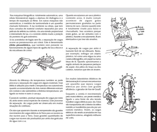 Nas máquinas fotográficas totalmente automáticas, uma        Quando esvaziamos um saco plástico
célula fotossensível regula a abertura do diafragma e o       contendo arroz, é muito comum
tempo de exposição ao filme. Em outras máquinas não           acontecer de alguns grãos
automáticas, o medidor de luminosidade é um aparelho          permanecerem grudados na parte
chamado fotômetro. A luz incidente na célula, que tem         interna do saco, mesmo quando este
duas camadas de material condutor separados por uma           é totalmente virado para baixo e
película de selênio ou cádmio, cria uma tensão proporcional   chacoalhado. Isso acontece porque
à intensidade de luz, e a corrente obtida muda a posição      esses grãos, ao ser atritados com o
do ponteiro do galvanômetro.                                  plástico, durante o esvaziamento, ficam
Já no acendedor de fogão sem fio, a separação de cargas       eletrizados e por isso são atraídos.
ocorre ao pressionarmos um cristal. Este é denominado
efeito piezoelétrico, que também está presente no
funcionamento de alguns tipos de agulha de toca-discos e      A separação de cargas por atrito é
de microfones de cristal.                                     bastante fácil de ser efetuada. Basta,
                                                              por exemplo, esfregar um objeto
                                                              plástico, tal como uma régua ou uma
                                                              caneta esferográfica, em papel ou numa
                                                              blusa de lã. Quando aproximamos a
                                                              região atritada de pequenos pedaços
                                                              de papel, dos pêlos do braço ou dos
                                                              cabelos, notamos que eles se atraem.



                                                              Em muitos laborátórios didáticos de
Através da diferença de temperatura também se pode            demonstração é comum encontrarmos
provocar a separação de cargas em alguns materiais. Esse      um aparelho que separa cargas
efeito é utilizado para medir a temperatura nos automóveis    elétricas por atrito com grande
quando as extremidades de dois metais diferentes entram       eficiência: o gerador de Van de Graaff.
em contato e são submetidas a distintas temperaturas: um
ligado ao motor e outro à carcaça.                            Enquanto a correia é movimentada
                                                              pelo motor elétrico, um pente metálico
É possível, também, produzir separação de cargas por meio
                                                              ligado a uma fonte de alta tensão
do atrito entre certas espécies de material, Esse processo
                                                              transfere cargas elétricas para ela. Estas
de separação de cargas pode ser observado em muitas
                                                              são transportadas até o interior da esfera
situações do cotidiano.
                                                              metálica e transferidas para ela por um
Os raios que aparecem durante as tempestades são grandes      contato metálico. Assim, as cargas




                                                                                                           79
movimentos de cargas elétricas da Terra para as nuvens ou     elétricas vão sendo acumuladas em sua
das nuvens para a Terra. Essas grandes quantidades de         superfície externa, atingindo milhares
cargas nas nuvens são produzidas por atrito das gotículas     de volts.
de água com o ar.
 