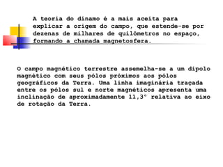 A teoria do dínamo é a mais aceita para 
explicar a origem do campo, que estende-se por 
dezenas de milhares de quilômetros no espaço, 
formando a chamada magnetosfera. 
O campo magnético terrestre assemelha-se a um dipolo 
magnético com seus pólos próximos aos pólos 
geográficos da Terra. Uma linha imaginária traçada 
entre os pólos sul e norte magnéticos apresenta uma 
inclinação de aproximadamente 11,3º relativa ao eixo 
de rotação da Terra. 
 