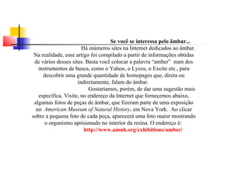 Se você se interessa pelo âmbar... 
Há inúmeros sites na Internet dedicados ao âmbar. 
Na realidade, esse artigo foi compilado a partir de informações obtidas 
de vários desses sites. Basta você colocar a palavra “amber” num dos 
instrumentos de busca, como o Yahoo, o Lycos, o Excite etc., para 
descobrir uma grande quantidade de homepages que, direta ou 
indiretamente, falam do âmbar. 
Gostaríamos, porém, de dar uma sugestão mais 
específica. Visite, no endereço da Internet que forneçemos abaixo, 
algumas fotos de peças de âmbar, que fizeram parte de uma exposição 
no American Museum of Natural History, em Nova York. Ao clicar 
sobre a pequena foto de cada peça, aparecerá uma foto maior mostrando 
o organismo aprisionado no interior da resina. O endereço é: 
http://www.amnh.org/exhibitions/amber/ 
 