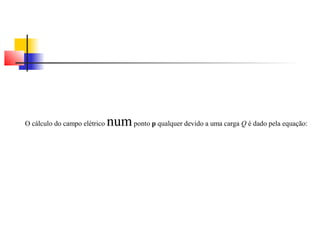 O cálculo do campo elétrico num ponto p qualquer devido a uma carga Q é dado pela equação: 
 