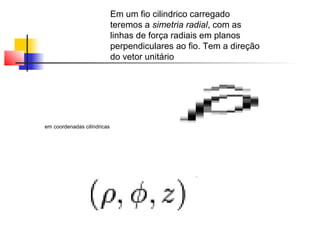 Em um fio cilindrico carregado 
teremos a simetria radial, com as 
linhas de força radiais em planos 
perpendiculares ao fio. Tem a direção 
do vetor unitário 
em coordenadas cilíndricas 
. 
 
