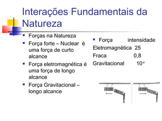 Interações Fundamentais da 
Natureza 
 Forças na Natureza 
 Força forte – Nuclear é 
uma força de curto 
alcance 
 Força eletromagnética é 
uma força de longo 
alcance 
 Força Gravitacional – 
longo alcance 
 Força intensidade 
Eletromagnética 25 
Fraca 0,8 
Gravitacional 10-41 
 