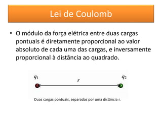 Lei de Coulomb 
• O módulo da força elétrica entre duas cargas 
pontuais é diretamente proporcional ao valor 
absoluto de cada uma das cargas, e inversamente 
proporcional à distância ao quadrado. 
Duas cargas pontuais, separadas por uma distância r. 
 