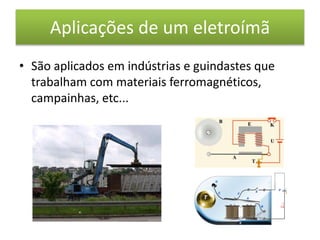 Aplicações de um eletroímã 
• São aplicados em indústrias e guindastes que 
trabalham com materiais ferromagnéticos, 
campainhas, etc... 
 