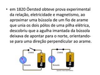 • em 1820 Öersted obteve prova experimental 
da relação, eletricidade e magnetismo, ao 
aproximar uma bússola de um fio de arame 
que unia os dois pólos de uma pilha elétrica, 
descobriu que a agulha imantada da bússola 
deixava de apontar para o norte, orientando-se 
para uma direção perpendicular ao arame. 
 