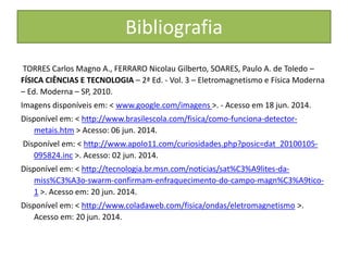 TORRES Carlos Magno A., FERRARO Nicolau Gilberto, SOARES, Paulo A. de Toledo – 
FÍSICA CIÊNCIAS E TECNOLOGIA – 2ª Ed. - Vol. 3 – Eletromagnetismo e Física Moderna 
– Ed. Moderna – SP, 2010. 
Imagens disponíveis em: < www.google.com/imagens >. - Acesso em 18 jun. 2014. 
Disponível em: < http://www.brasilescola.com/fisica/como-funciona-detector-metais. 
htm > Acesso: 06 jun. 2014. 
Disponível em: < http://www.apolo11.com/curiosidades.php?posic=dat_20100105- 
095824.inc >. Acesso: 02 jun. 2014. 
Disponível em: < http://tecnologia.br.msn.com/noticias/sat%C3%A9lites-da-miss% 
C3%A3o-swarm-confirmam-enfraquecimento-do-campo-magn%C3%A9tico- 
1 >. Acesso em: 20 jun. 2014. 
Disponível em: < http://www.coladaweb.com/fisica/ondas/eletromagnetismo >. 
Acesso em: 20 jun. 2014. 
Bibliografia 
