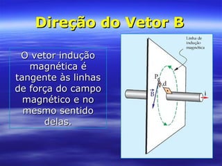Direção do Vetor BDireção do Vetor B
O vetor induçãoO vetor indução
magnética émagnética é
tangente às linhastangente às linhas
de força do campode força do campo
magnético e nomagnético e no
mesmo sentidomesmo sentido
delas.delas.
 
