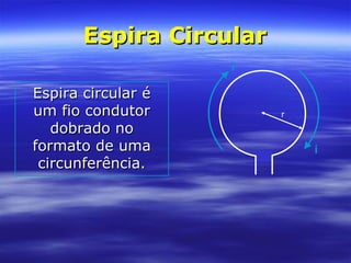 Espira CircularEspira Circular
Espira circular éEspira circular é
um fio condutorum fio condutor
dobrado nodobrado no
formato de umaformato de uma
circunferência.circunferência.
r
i
i
 