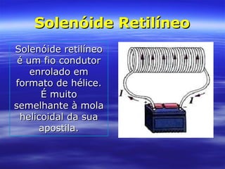 Solenóide RetilíneoSolenóide Retilíneo
Solenóide retilíneoSolenóide retilíneo
é um fio condutoré um fio condutor
enrolado emenrolado em
formato de hélice.formato de hélice.
É muitoÉ muito
semelhante à molasemelhante à mola
helicoidal da suahelicoidal da sua
apostila.apostila.
 