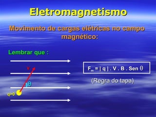 EletromagnetismoEletromagnetismo
Movimento de cargas elétricas no campoMovimento de cargas elétricas no campo
magnético:magnético:
FFmm = |= | qq | . V . B . Sen| . V . B . Sen θθ
(Regra do tapa)(Regra do tapa)
θθ
VV
q>0q>0
Lembrar que :Lembrar que :
 