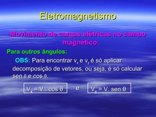 Movimento de cargas elétricas no campoMovimento de cargas elétricas no campo
magnético:magnético:
Para outros ângulos:Para outros ângulos:
OBS:OBS: Para encontrar vPara encontrar vxx e ve vyy é só aplicaré só aplicar
decomposição de vetores, ou seja, é só calculardecomposição de vetores, ou seja, é só calcular
sensen θθ e cose cos θθ..
EletromagnetismoEletromagnetismo
VVxx = V . cos θ= V . cos θ VVyy = V. sen θ= V. sen θee
 