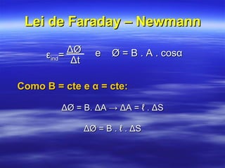 Lei de Faraday – NewmannLei de Faraday – Newmann
εεindind== ΔØΔØ
ΔtΔt
e Ø = B . A . cosαe Ø = B . A . cosα
Como B = cte e α = cte:Como B = cte e α = cte:
ΔØ = B. ΔA →ΔØ = B. ΔA → ΔA = ℓ . ΔSΔA = ℓ . ΔS
ΔØ = B . ℓ . ΔSΔØ = B . ℓ . ΔS
 