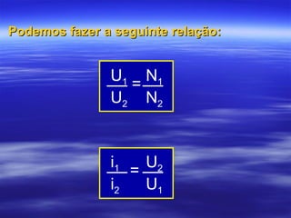 Podemos fazer a seguinte relação:Podemos fazer a seguinte relação:
U1
U2
N1
N2
=
i1
i2
U2
U1
=
 