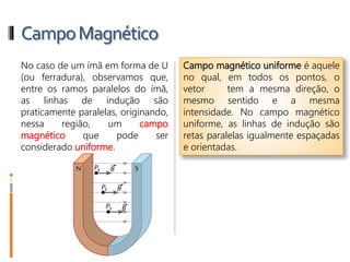 CampoMagnético
No caso de um ímã em forma de U
(ou ferradura), observamos que,
entre os ramos paralelos do ímã,
as linhas de indução são
praticamente paralelas, originando,
nessa região, um campo
magnético que pode ser
considerado uniforme.
Campo magnético uniforme é aquele
no qual, em todos os pontos, o
vetor tem a mesma direção, o
mesmo sentido e a mesma
intensidade. No campo magnético
uniforme, as linhas de indução são
retas paralelas igualmente espaçadas
e orientadas.
 
