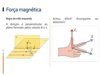 Forçamagnética
Regra da mão esquerda
A direção é perpendicular ao
plano formado pelos vetores B e v.
Achou difícil? Acompanhe no
desenho!!!
 