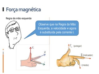 Forçamagnética
II- Força magnética sobre um
condutor retilíneo imerso em um
campo magnético uniforme
Onde:
• i é a intensidade da corrente
elétrica (ampère).
• ℓ é o comprimento do condutor
(metros).
• A direção é perpendicular ao
plano formado pelos vetores B e i.
• O sentido é dado pela REGRA DA
MÃO ESQUERDA.
Fm = B. i. 𝓁. senα
 