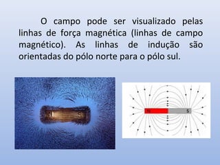 O campo pode ser visualizado pelas
linhas de força magnética (linhas de campo
magnético). As linhas de indução são
orientadas do pólo norte para o pólo sul.

 