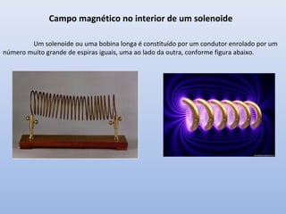 Campo magnético no interior de um solenoide
Um solenoide ou uma bobina longa é constituído por um condutor enrolado por um
número muito grande de espiras iguais, uma ao lado da outra, conforme figura abaixo.

 