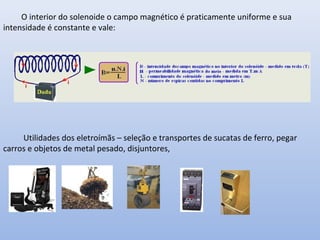 O interior do solenoide o campo magnético é praticamente uniforme e sua
intensidade é constante e vale:

Utilidades dos eletroímãs – seleção e transportes de sucatas de ferro, pegar
carros e objetos de metal pesado, disjuntores,

 
