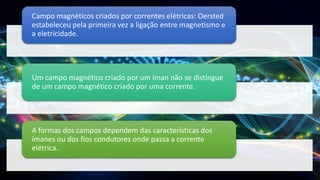 Campo magnéticos criados por correntes elétricas: Oersted
estabeleceu pela primeira vez a ligação entre magnetismo e
a eletricidade.
Um campo magnético criado por um íman não se distingue
de um campo magnético criado por uma corrente.
A formas dos campos dependem das características dos
ímanes ou dos fios condutores onde passa a corrente
elétrica.
 