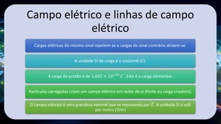 Campo elétrico e linhas de campo
elétrico
Cargas elétricas do mesmo sinal repelem-se e cargas de sinal contrário atraem-se.
A unidade SI de carga é o coulomb (C).
A carga do protão é de 1,602 × 10−19
𝐶 . Esta é a carga elementar.
Partículas carregadas criam um campo elétrico em redor de si (fonte ou carga criadora).
O campo elétrico é uma grandeza vetorial que se representa por 𝐸. A unidade SI é volt
por metro (V/m)
 
