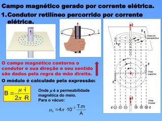 Campo magnético gerado por corrente elétrica.
1.Condutor retilíneo percorrido por corrente
elétrica.
O campo magnético contorna o
condutor e sua direção e seu sentido
são dados pela regra da mão direita.
O módulo é calculado pela expressão:
R
2
i
B





A
T.m
10
4 7


 
0
Onde m é a permeabilidade
magnética do meio.
Para o vácuo:
i
i
 