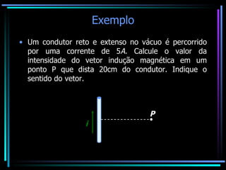 Exemplo Um condutor reto e extenso no vácuo é percorrido por uma corrente de 5 A . Calcule o valor da intensidade do vetor indução magnética em um ponto P que dista 20cm do condutor. Indique o sentido do vetor. i P 
