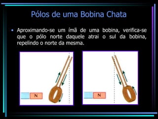 Pólos de uma Bobina Chata Aproximando-se um ímã de uma bobina, verifica-se que o pólo norte daquele atrai o sul da bobina, repelindo o norte da mesma. 