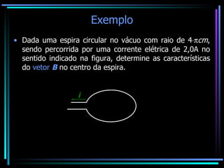 Exemplo Dada uma espira circular no vácuo com raio de 4  cm , sendo percorrida por uma corrente elétrica de 2,0A no sentido indicado na figura, determine as características do  vetor  B  no centro da espira. i 