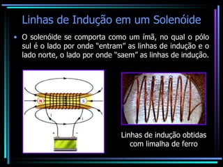 Linhas de Indução em um Solenóide O solenóide se comporta como um ímã, no qual o pólo sul é o lado por onde “entram” as linhas de indução e o lado norte, o lado por onde “saem” as linhas de indução. Linhas de indução obtidas com limalha de ferro 