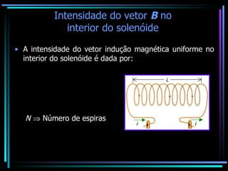 Intensidade do vetor  B  no interior do solenóide A intensidade do vetor indução magnética uniforme no interior do solenóide é dada por: N     Número de espiras 