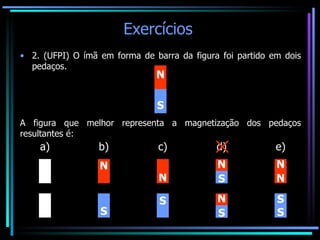 Exercícios  2. (UFPI) O ímã em forma de barra da figura foi partido em dois pedaços.   A figura que melhor representa a magnetização dos pedaços resultantes é: N S a) b) N S c) N S d) N S N S e) N S N S 