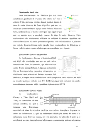 31 31
Condensador duplo tubo
Estes condensadores são formados por dois tubos
concêntricos, geralmente 1 ¼” para o tubo interno e 2” para o
externo. O tubo por onde circula a água é montado dentro do
tubo de maior diâmetro. O fluído frigorífico, por sua vez,
circula em contracorrente no espaço anular formado pelos dois
tubos, sendo resfriado ao mesmo tempo pela água e pelo ar que
está em contato com a superfície externa do tubo de maior diâmetro. Estes
condensadores são normalmente utilizados em unidades de pequena capacidade, ou
como condensadores auxiliares operando em paralelo com condensadores a ar, somente
nos períodos de carga térmica muito elevada. Esses condensadores são difíceis de se
limpar e não fornecem espaço suficiente para a separação de gás e líquido.
Condensador Carcaça e Serpentina
Os Condensadores Carcaça e Serpentina (Shell
and Coil) são constituídos por um ou mais tubos,
enrolados em forma de serpentina, que são montados
dentro de uma carcaça fechada. A água de resfriamento
flui por dentro dos tubos, enquanto o refrigerante a ser
condensado escoa pela carcaça. Embora, sejam de fácil
fabricação, a limpeza destes condensadores é mais complicada, sendo efetuada por meio
de produtos químicos (solução com 25% de HCl em água, com inibidor). São usados
em unidades de pequena e média capacidade, tipicamente até 15 TR.
Condensador Carcaça e Tubo
Os condensadores
Carcaça e Tubo (Shell and
Tube) são constituídos de uma
carcaça cilíndrica, na qual é
instalada uma determinada
quantidade de tubos horizontais e paralelos, conectados a duas placas dispostas em
ambas as extremidades. A água de resfriamento circula por dentro dos tubos e o
refrigerante escoa dentro da carcaça, em volta dos tubos. Os tubos são de cobre e os
espelhos de aço para hidrocarbonetos halogenados e, para amônia, tanto os tubos como
 
