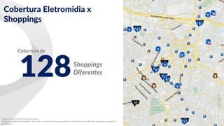 Cobertura de
* Número sem sobreposição de endereço.
* Foram consideradas shoppings que estão: no raio de 1km das estações de metrô/trem/vlt e 2km dos shoppings e painéis de
LED DOOH.
128Shoppings
Diferentes
Cobertura Eletromidia x
Shoppings
 