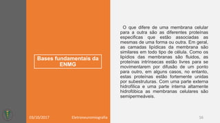 Bases fundamentais da
ENMG
O que difere de uma membrana celular
para a outra são as diferentes proteínas
especificas que estão associadas as
mesmas de uma forma ou outra. Em geral,
as camadas lipídicas da membrana são
similares em todo tipo de célula. Como os
lipídios das membranas são fluidos, as
proteínas intrínsecas estão livres para se
movimentarem por difusão de um ponto
para outro, em alguns casos, no entanto,
estas proteínas estão fortemente unidas
por subestruturas. Com uma parte externa
hidrofílica e uma parte interna altamente
hidrofóbica as membranas celulares são
semipermeáveis.
03/10/2017 Eletroneuromiografia 16
 